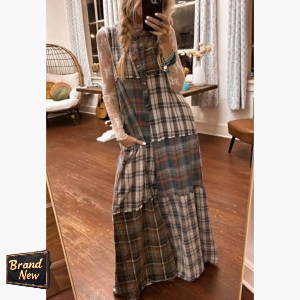 Sleeveless Patchwork Plaid Jumpsuit Loose Fit Wide Leg Overalls - Picture 4 of 4